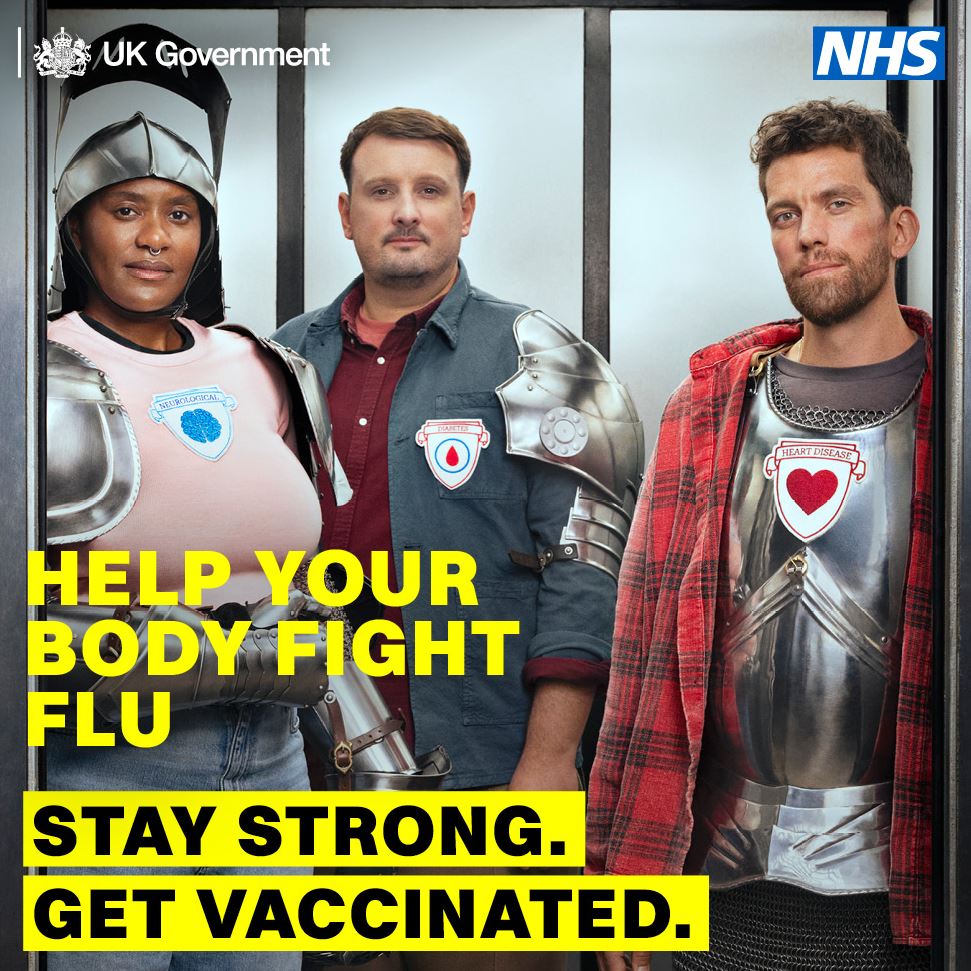 group of people dressed as knights promoting flu vaccine